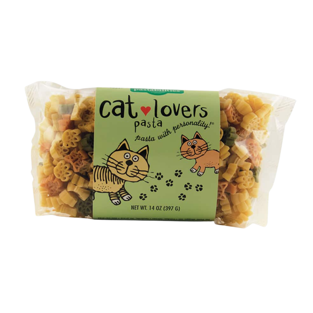 Tri colored pasta in the shape of paws and cat faces. 