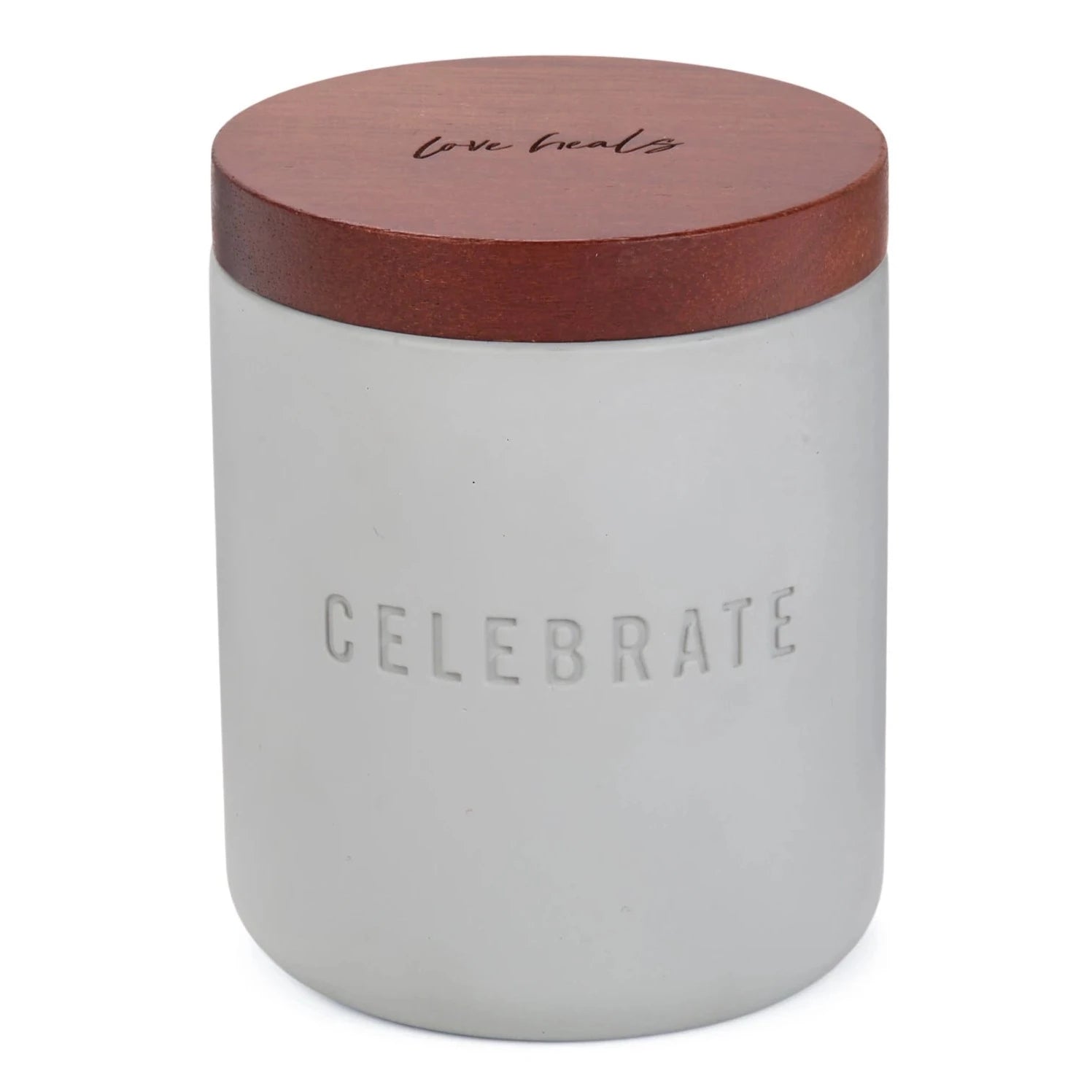 "Celebrate" candle in ceramic jar with wooden lid. 