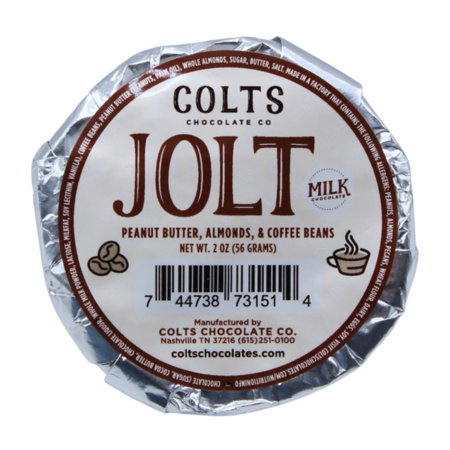 Peanut butter cup with whole almonds and ground espresso beans covered in milk chocolate.