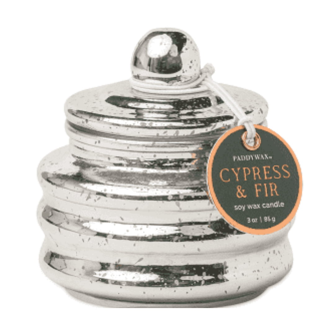 Cypress and Fir 3 oz Soy wax candle in silver glass container. 