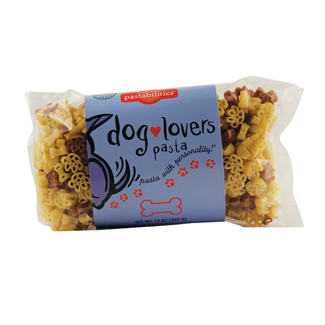 clear bag of dog lovers pasta. can see product and different shapes of pasta.