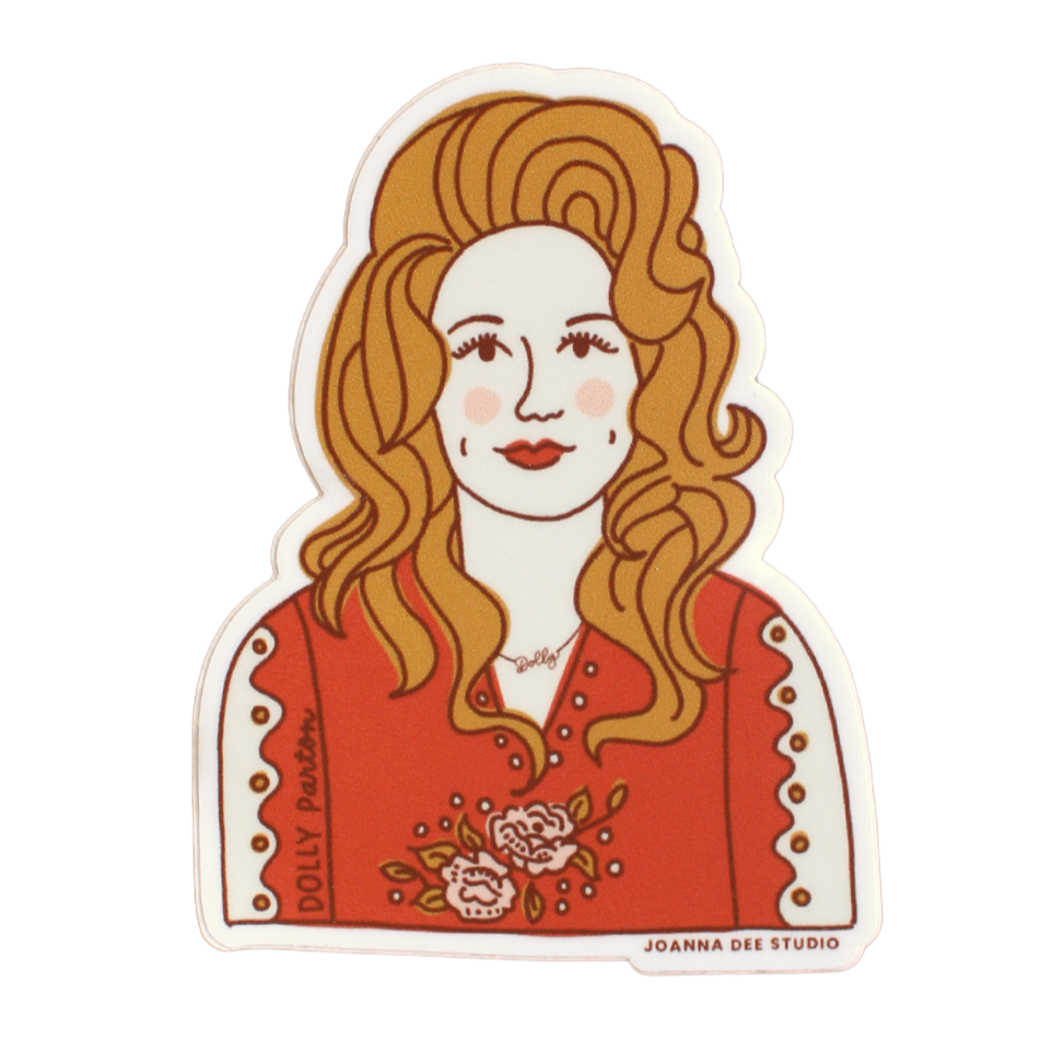 illustration of dolly parton as a sticker. 