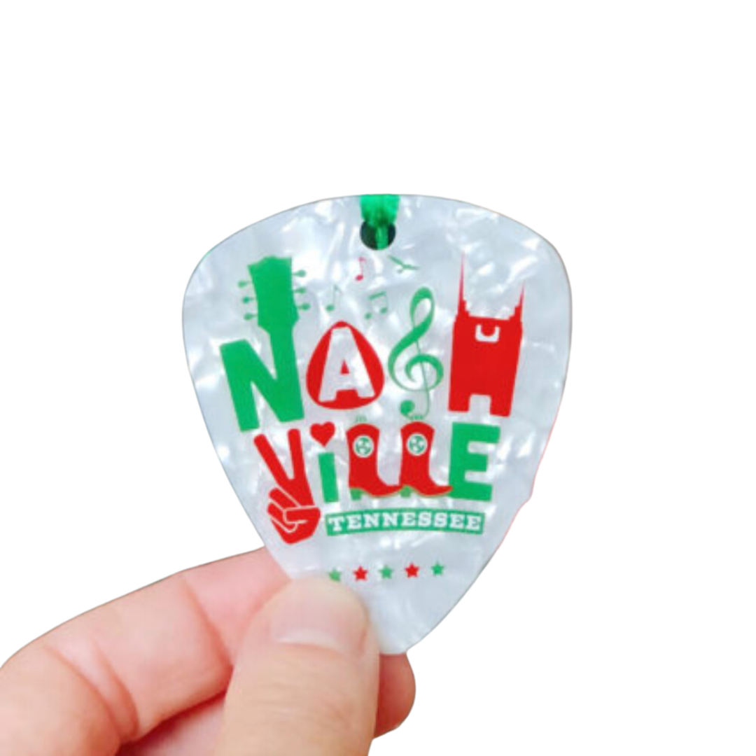 Red and Green Nashville Peace Guitar Pick Ornament