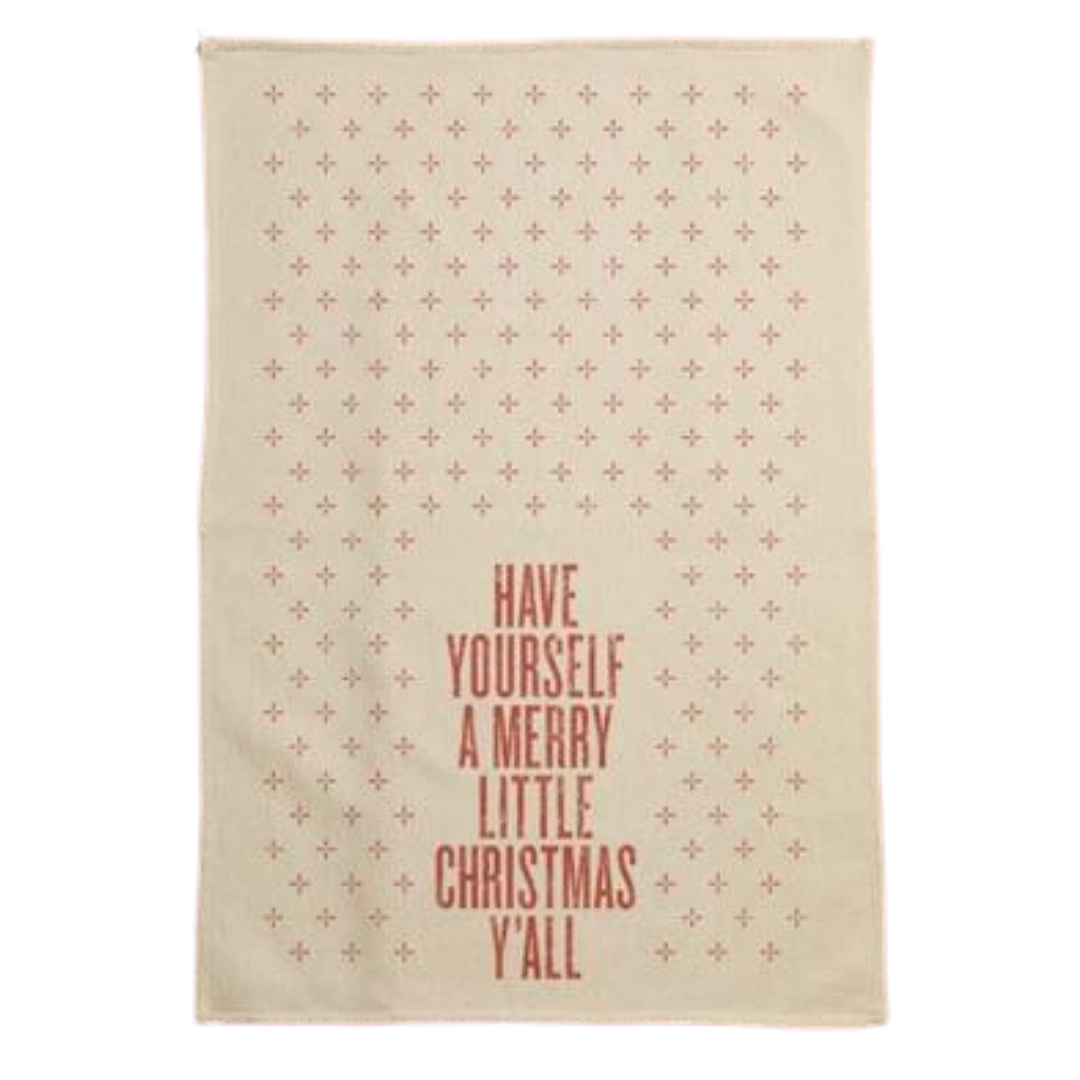 funny saying screen printed on cotton kitchen towel in red. 