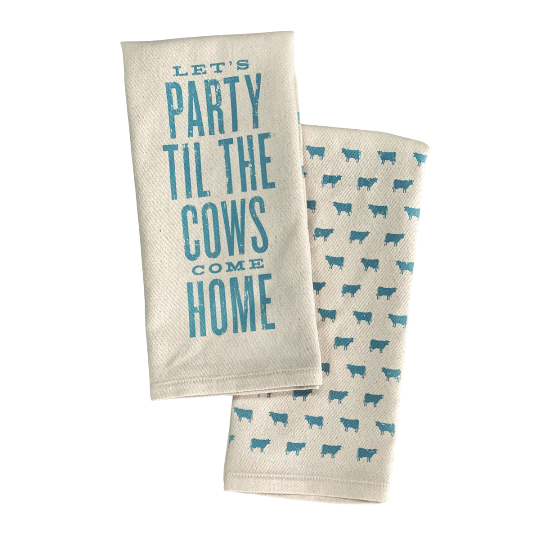 funny saying screen printed on cotton kitchen towel in blue.
