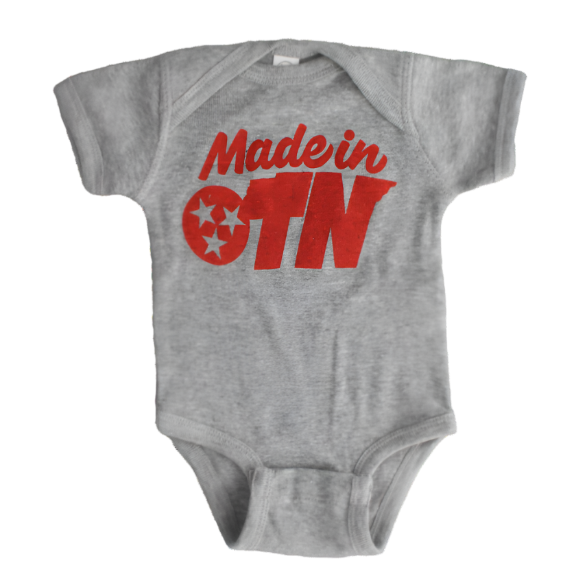 Soft grey cotton onesie with Made in TN logo in red. 