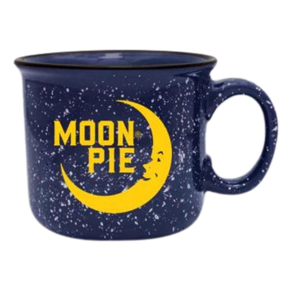 Moonpie camping style mug. This mug has a larger than average width and features a starry night dark sky design. Features the yellow smiling moon and a Moon Pie wordmark logo.