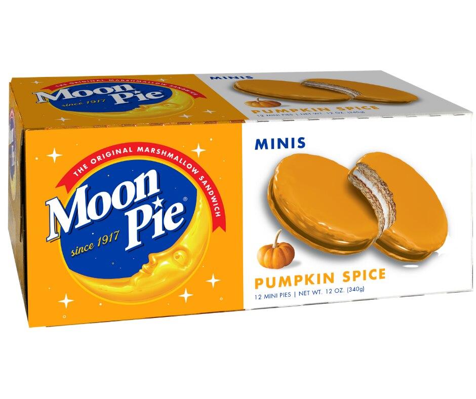 Box of 12 pumpkin spice flavored mini Moonpies, orange and white packaging with picture of the cookie. 