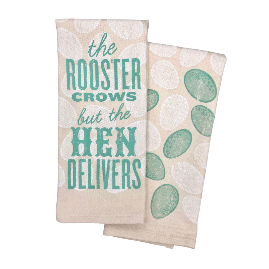 funny saying screen printed on cotton kitchen towel in teal. 