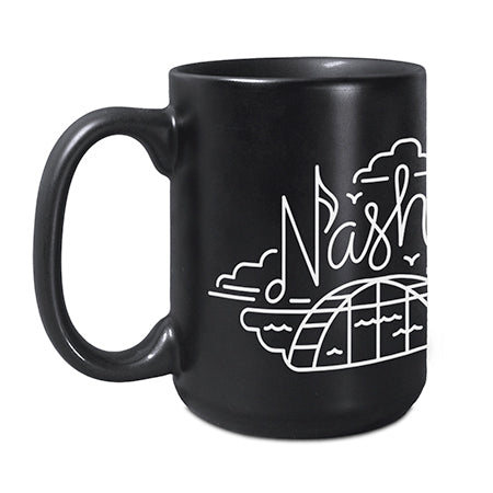 Matte black mug with Nashville skyline mug in white swirling outline.