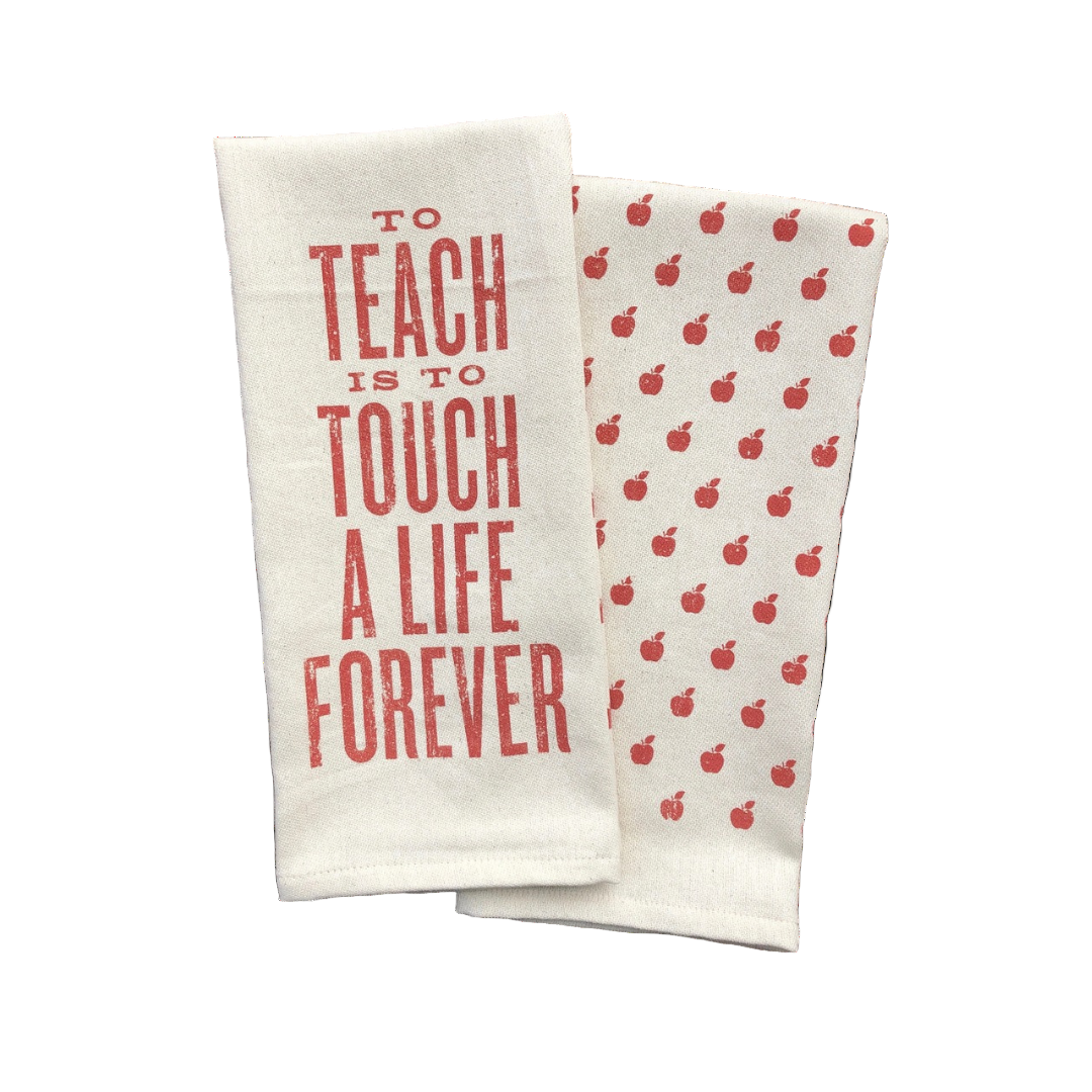 inspirational saying screen printed on cotton kitchen towel in red.