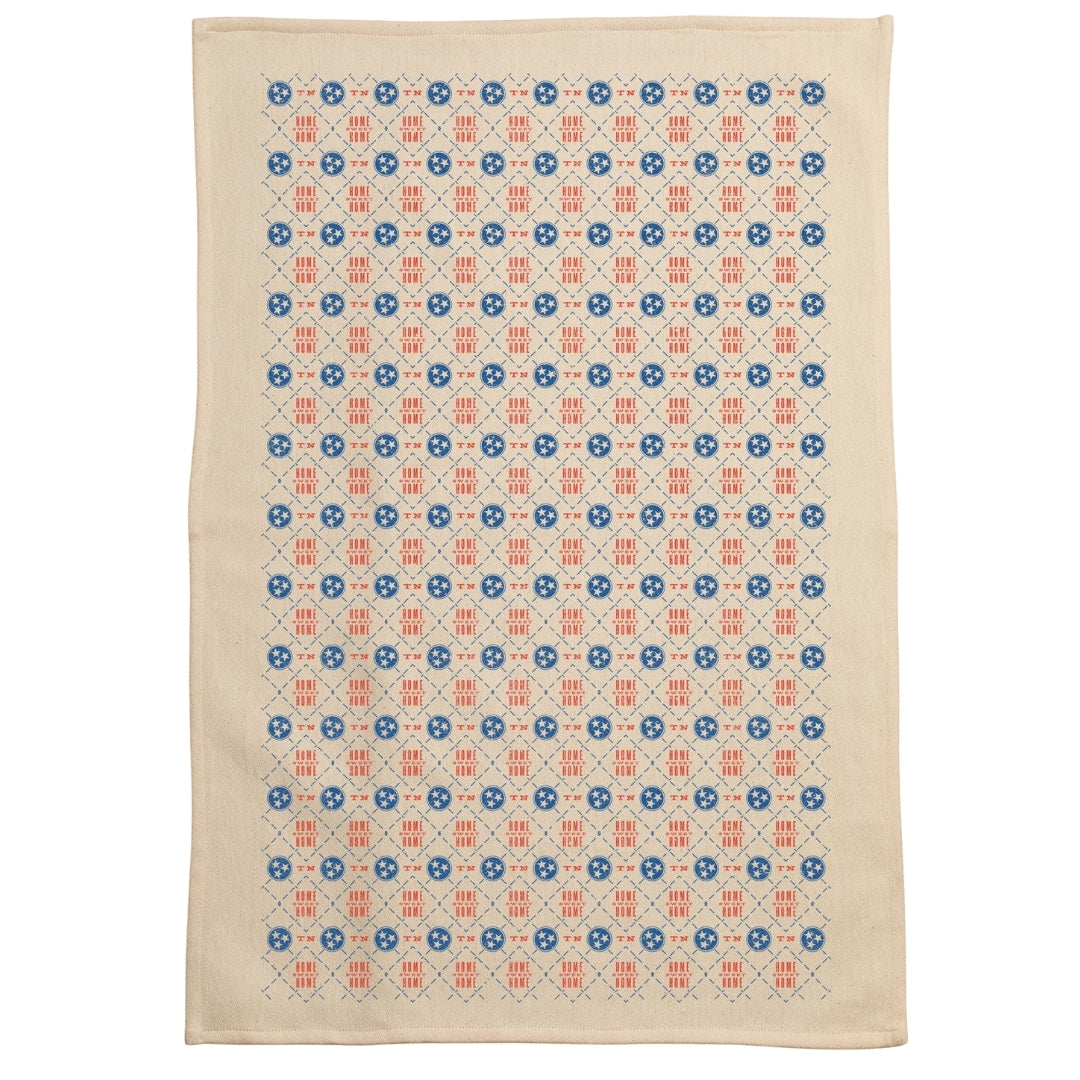 screen printed on cotton kitchen towel in red and blue, "mome sweet home" and tennessee tristars